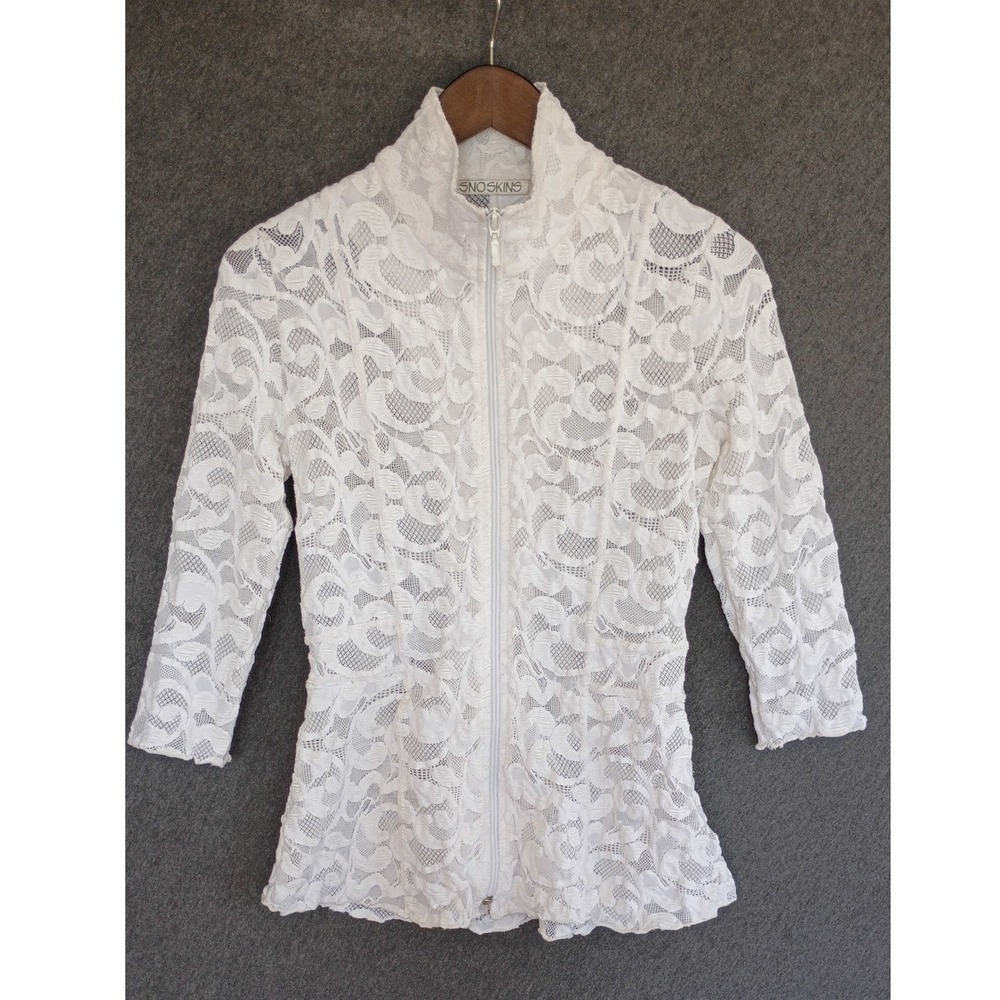 SnoSkins White Floral Lace Zip Up Jacket Top Mock Neck Made in USA Small Sheer